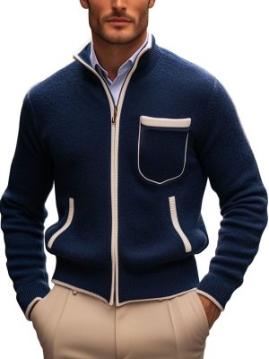 Men's Contrast Zipper Knit Cardigan with Stand Collar – Fast 24-Hour Shipping
