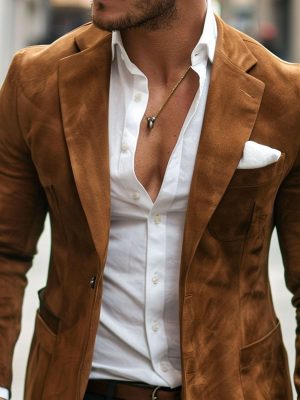 Men's Vintage Suede Blazer with Lapel & Three Pockets – Casual Jacket with 24-Hour Shipping
