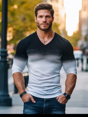 Men's Gradient V-Neck Long Sleeve T-Shirt – Casual Contrast Color Cotton Tee