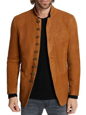 Men's Vintage Suede Blazer with Stand Collar & Functional Pockets – Fast 24-Hour Shipping