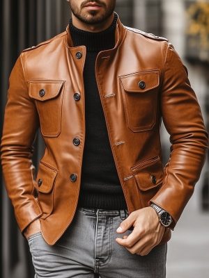 Men's Casual Leather Jacket with Stand Collar & Single-Breasted Design – Ships in 24 Hours