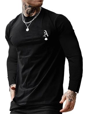 Men's Casual Long Sleeve T-Shirt with Round Neck and Bold Letter Print - Everyday Wear