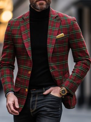 Men's Plaid Casual Blazer with Festive Lapel Design – Single-Breasted, Fast 24-Hour Shipping