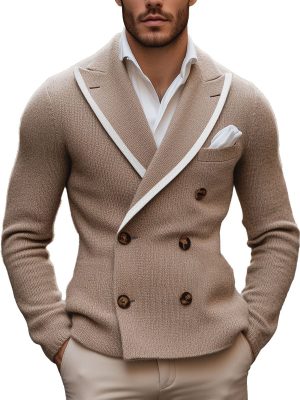 Men's Double-Breasted Knitted Blazer with Contrast Lapel Edge – Fast 24-Hour Shipping