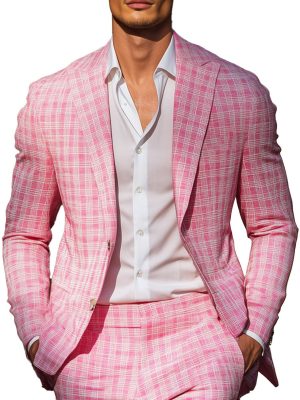 Men's Pink Plaid Blazer – Slim Fit Casual Single-Breasted Jacket for Everyday Wear