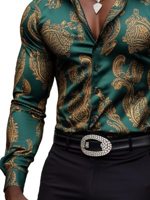 Men's Vintage Gold Paisley Satin Shirt - Long Sleeve Dress Shirt for Men