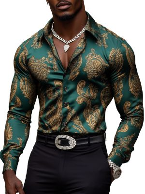 Men's Vintage Gold Paisley Satin Shirt - Long Sleeve Dress Shirt for Men