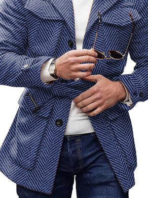 Vintage Herringbone Wool Coat with Lapel & Lace-Up Detail – 4-Pocket Casual Outerwear, Ships in 24 Hours