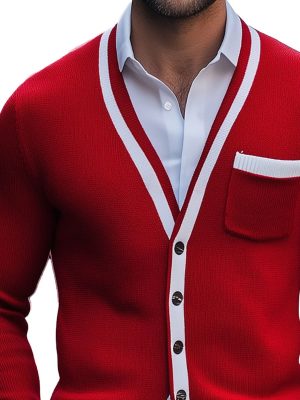 Men's Contrast Color Knitted Cardigan – Single-Breasted, Fast 24-Hour Shipping