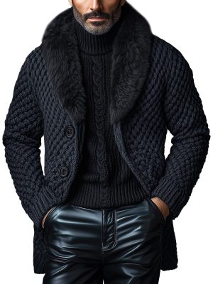 Vintage Faux Fur Collar Knitted Cardigan – Single-Breasted, Fast 24-Hour Shipping