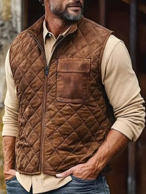 Vintage Quilted Vest with Stand Collar and Zipper – Fast 24-Hour Shipping