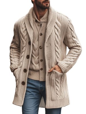 Men's Casual Knitted Cardigan with Notched Lapel – Mid-Length Lightweight Sweater for Men (Ships in 24 Hours)