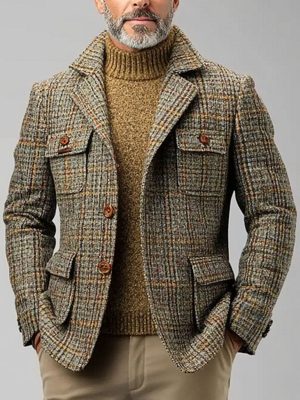 Men's Vintage Plaid Casual Coat with Multi-Pockets – Single-Breasted Lapel Jacket, Ships in 24 Hours
