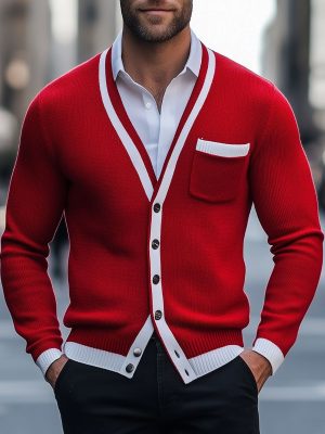 Men's Contrast Color Knitted Cardigan – Single-Breasted, Fast 24-Hour Shipping