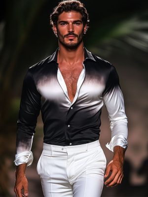 Men's Black and White Gradient Satin Dress Shirt – Elegant Long Sleeve Formal Button-Down for Business or Casual Wear