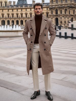 Retro Houndstooth Double-Breasted Long Coat for Women – Fast 24-Hour Shipping