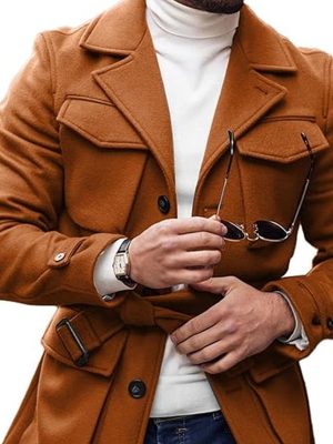 Woolen Coat with Lapel & Lace-Up Design | Solid Color Multi-Pocket Winter Coat | Ships in 24 Hours