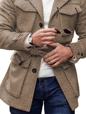 Vintage Herringbone Wool Coat with Lapel & Lace-Up Detail – 4-Pocket Casual Outerwear, Ships in 24 Hours