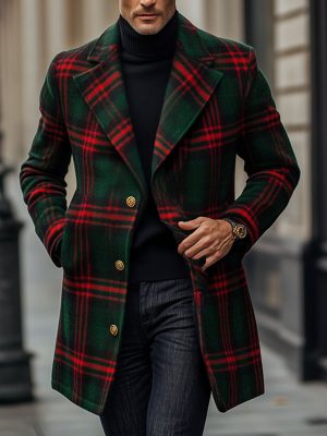 Men's Retro Red Green Plaid Wool Coat – Classic Lapel Design, Fast 24-Hour Shipping