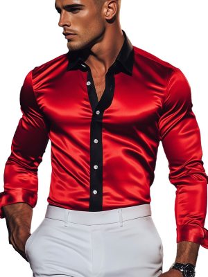 Men's Long Sleeve Satin Shirt with Contrast Trim - Stylish Casual Dress Shirt for Men