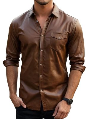 Men's Vintage Leather Long Sleeve Casual Shirt with Pocket – Fast 24-Hour Shipping