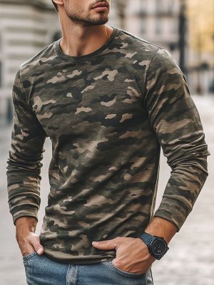 Men's Camo Print Long Sleeve T-Shirt - Casual Round Neck Cotton Tee for Men