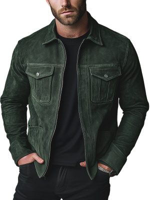 Men's Casual Suede Jacket with Lapel & Zipper – Solid Color, Fast 24-Hour Shipping