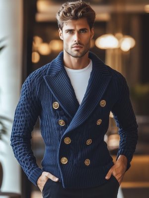 Men's Double-Breasted Knit Cardigan with Metal Buttons – Elegant Lapel Design, Ships in 24 Hours