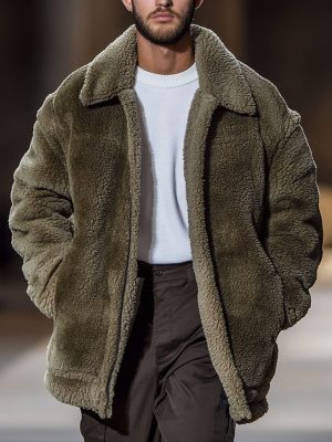 Men's Warm Teddy Fur Coat with Lapel Collar, Double Pockets & Zipper Closure – Ships in 24 Hours