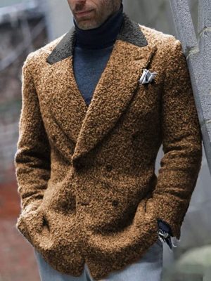 Vintage Sherpa Blazer with Contrast Stitching – Retro Casual Lapel Jacket with Double Pockets, Ships in 24 Hours
