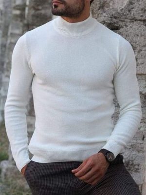 White Turtleneck Knit Pullover Sweater – Fast 24-Hour Shipping, Versatile Casual Fit