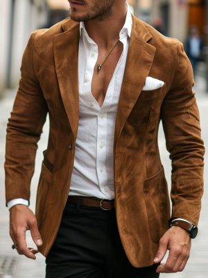 Men's Vintage Suede Blazer with Lapel & Three Pockets – Casual Jacket with 24-Hour Shipping
