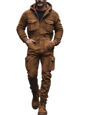 Men's Vintage Suede Hooded Jumpsuit with Kangaroo Pocket – Long Sleeve Casual Romper, Ships in 24 Hours