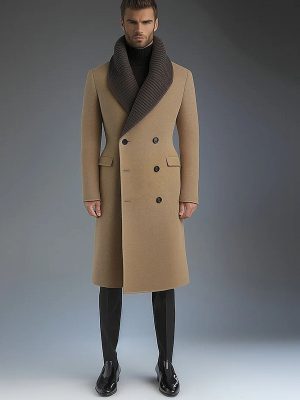Business-Style Knit Patchwork Overcoat with Shawl Lapel & Double-Breasted Design – Ships in 24 Hours