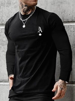 Men's Casual Long Sleeve T-Shirt with Round Neck and Bold Letter Print - Everyday Wear