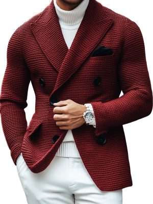 Vintage Double-Breasted Knitted Blazer with Multi-Pocket Detail – Casual Lapel Jacket, Ships in 24 Hours