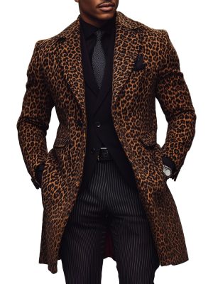 Men's Leopard Print Wool Coat with Notched Lapel – Single-Breasted Winter Overcoat, Ships in 24 Hours