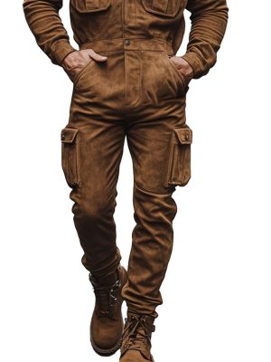 Men's Vintage Suede Hooded Jumpsuit with Kangaroo Pocket – Long Sleeve Casual Romper, Ships in 24 Hours
