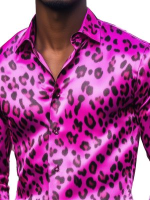 Men's Leopard Print Satin Shirt – Long Sleeve Fashion Button-Down Top for Casual & Party Wear