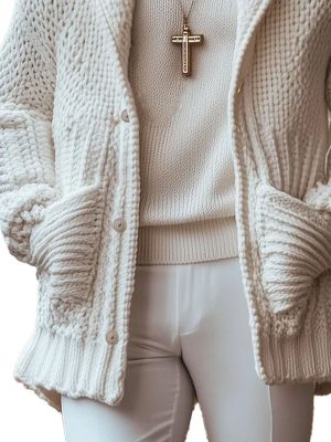 Men's Warm Knitted Cardigan with Lapel & Double Pockets – Solid Color, Single-Breasted, Fast 24-Hour Shipping