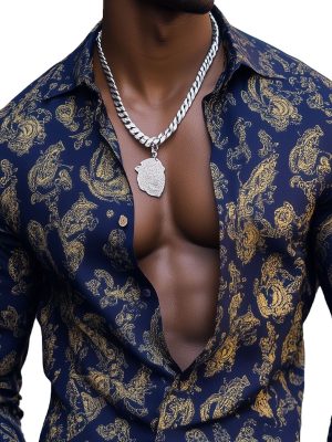 Men's Gold Paisley Satin Dress Shirt – Long Sleeve Formal Button Down for Men