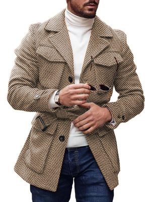 Vintage Herringbone Wool Coat with Lapel & Lace-Up Detail – 4-Pocket Casual Outerwear, Ships in 24 Hours