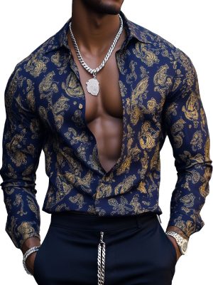 Men's Gold Paisley Satin Dress Shirt – Long Sleeve Formal Button Down for Men