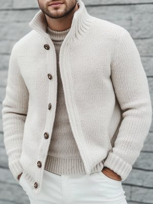 Men's/Women's Solid Knit Cardigan with Stand Collar & Button Front – Fast 24-Hour Shipping