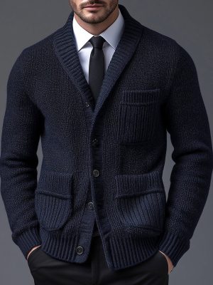 Solid Color Knitted Cardigan with Lapel Collar & 3 Pockets – Ships in 24 Hours
