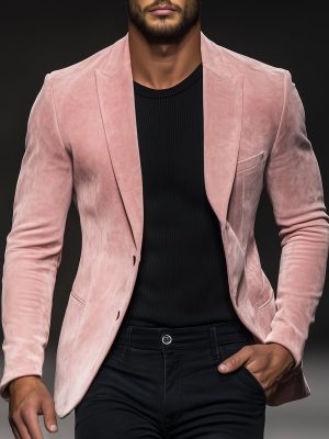 Men's Pink Suede Blazer – Casual Single-Breasted Lapel Jacket with 24-Hour Shipping