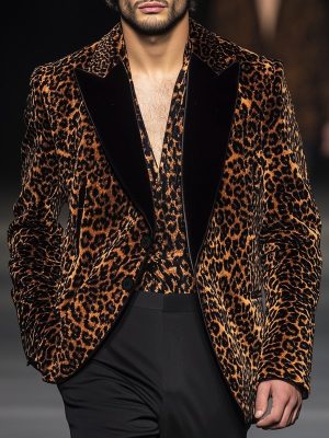 Leopard Print Velvet Blazer with Contrast Lapels – Stylish Single-Breasted Jacket, Ships in 24 Hours