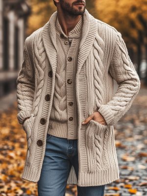 Men's Casual Knitted Cardigan with Notched Lapel – Mid-Length Lightweight Sweater for Men (Ships in 24 Hours)