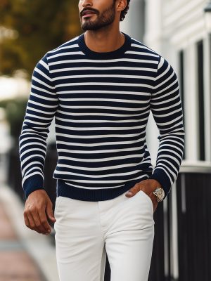 Striped Casual Pullover Sweater for Men & Women – Crew Neck Knit Sweatshirt with Fast 24-Hour Shipping