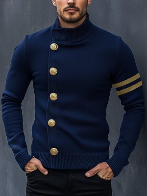 Vintage Navy Stand Collar Knit Cardigan – Fast 24-Hour Shipping